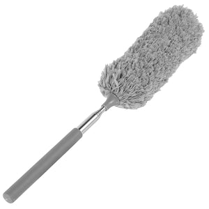 Gray feather duster with a telescopic handle on a white background