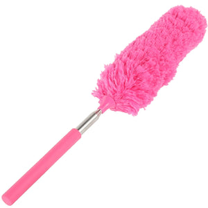 Pink feather duster with a telescopic handle on a white background